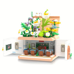 Retro Classroom Brick Model Kit Flower Garden Mini Building Block 3D Puzzle