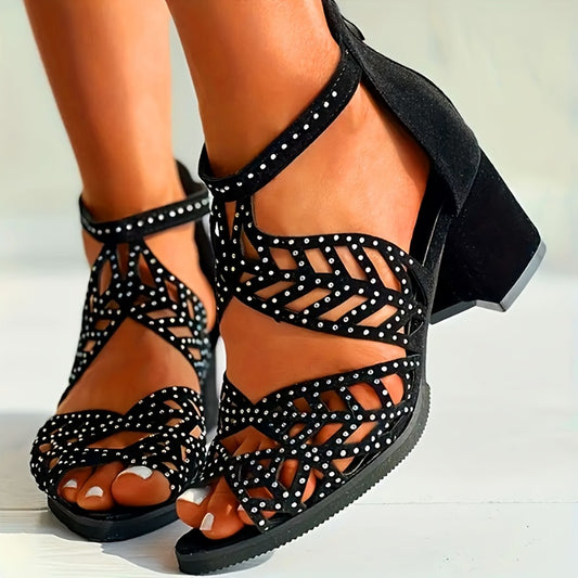 Rhinestone Block Heel Sandals Back Zipper Dress Pumps