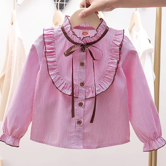 Girls Striped Preppy Shirt Button Down Bow Blouse