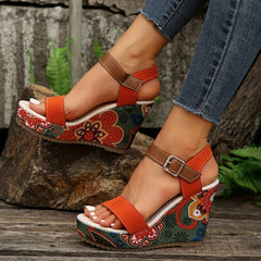 Women's Floral Print Wedge Sandals Colorful Open Toe Buckle Strap Heels