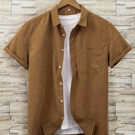Solid Print Men's Casual Short Sleeve Shirt With Chest Pocket