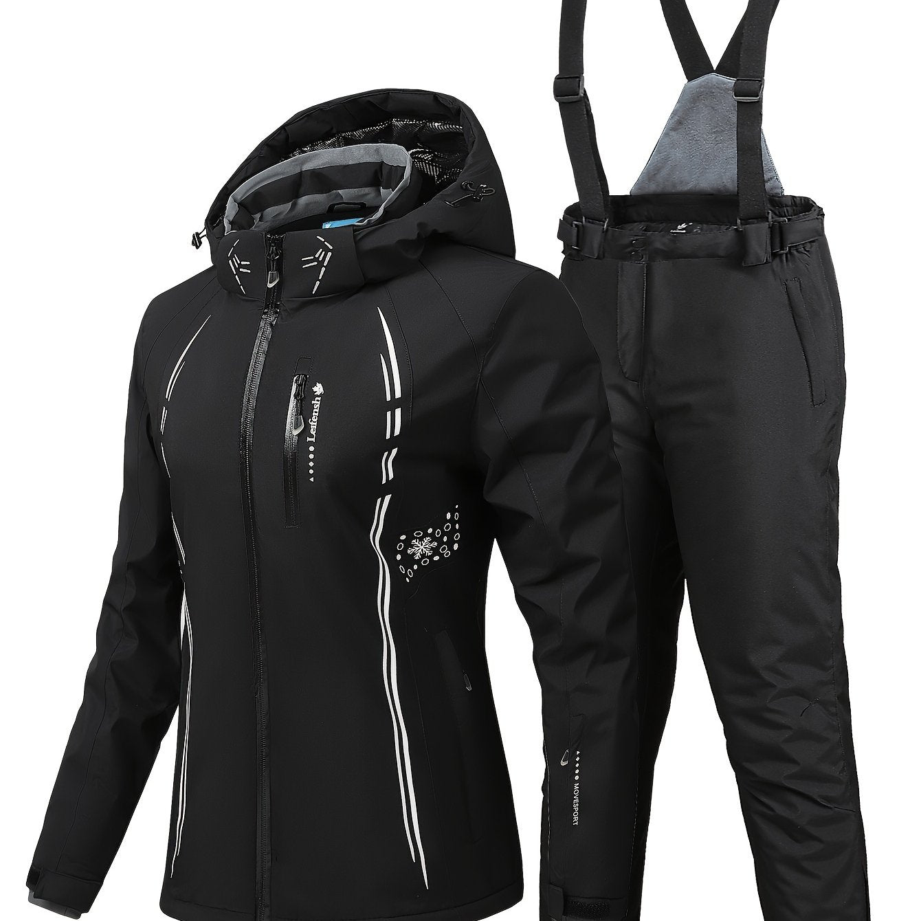 Windproof Snowflake Print Ski Set Hooded Jacket & Suspender Trouser Ski Suit