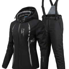 Windproof Snowflake Print Ski Set Hooded Jacket & Suspender Trouser Ski Suit