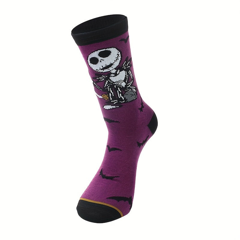 Skull Print Socks Comfy Funny Halloween Crew Socks Women's