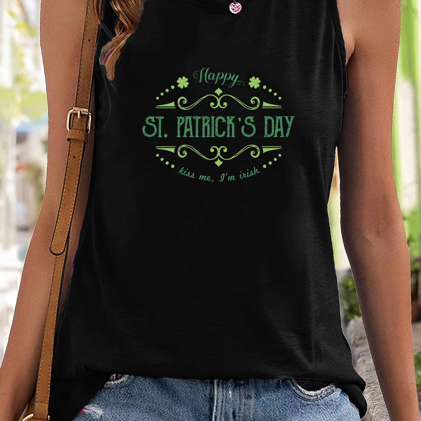 Letter & Leaf Print Sleeveless Sports Vest Round Neck Casual Top