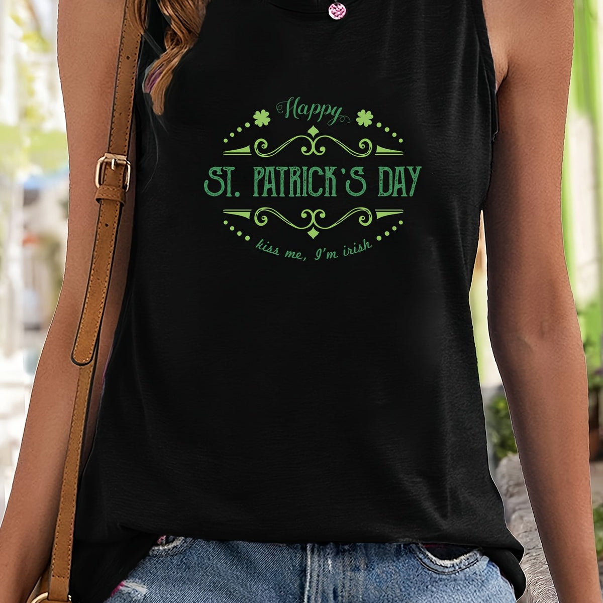 Letter & Leaf Print Sleeveless Sports Vest Round Neck Casual Top