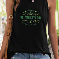 Letter & Leaf Print Sleeveless Sports Vest Round Neck Casual Top