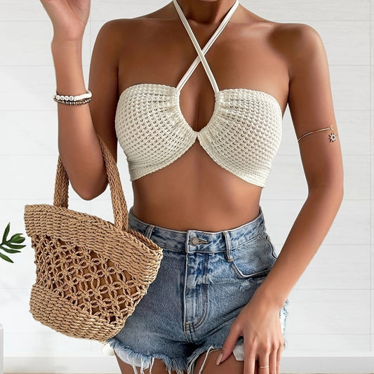 Cross Front Halter Crop Top Tie Back Summer Sleeveless