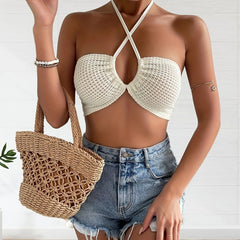 Cross Front Halter Crop Top Tie Back Summer Sleeveless