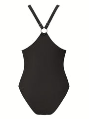 V Neck Knot Criss Cross One Piece Swimsuit Solid High Cut Ring Link Bathing Suit