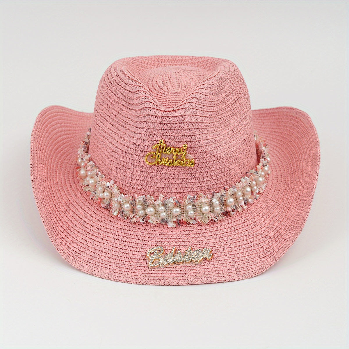 Rhinestone Bride Cowboy Hat Faux Pearl Lace Hatband Decor Straw Jazz Hat