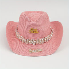 Rhinestone Bride Cowboy Hat Faux Pearl Lace Hatband Decor Straw Jazz Hat