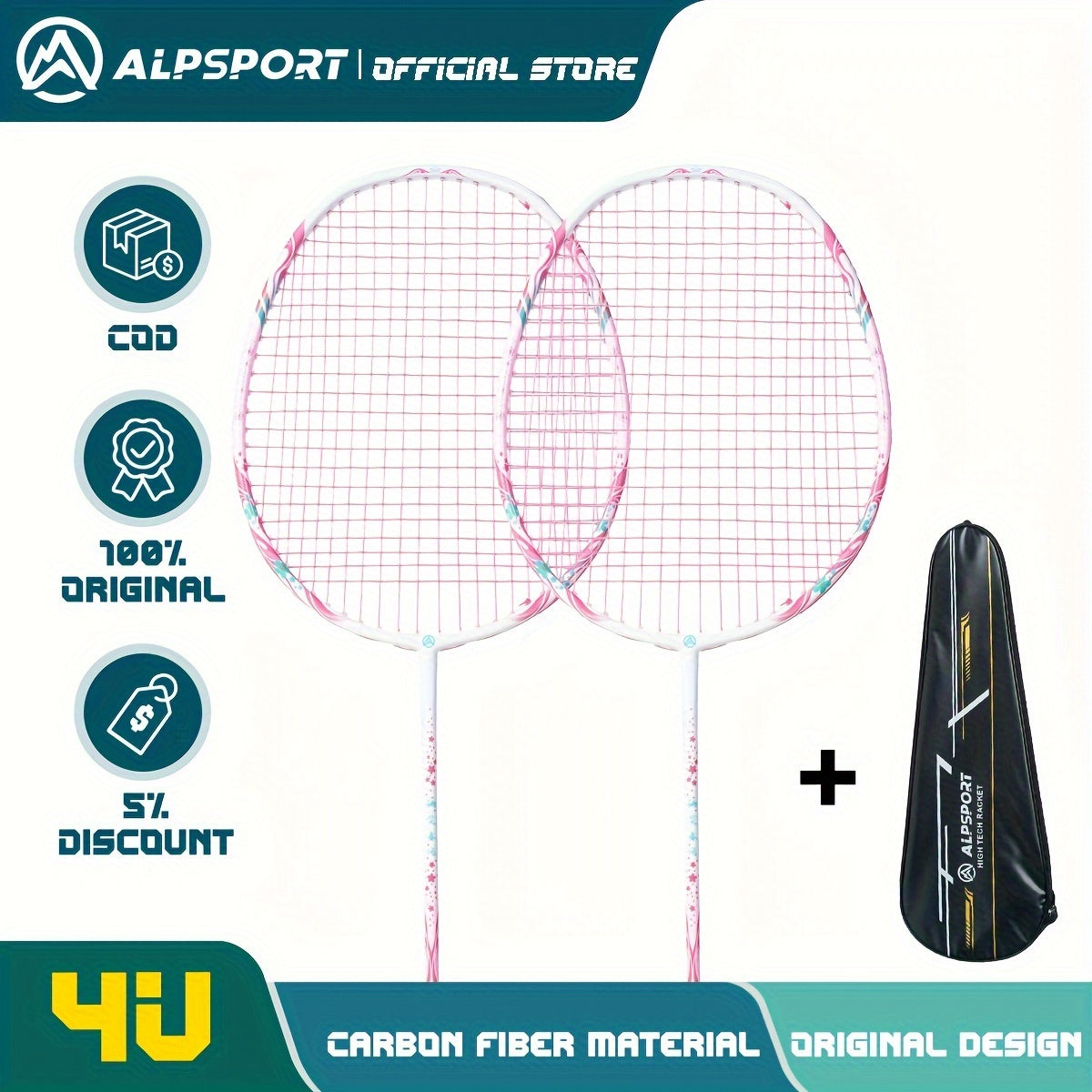 ALPSPORT 1pc Carbon Fiber Badminton Racket Cherry 100 T800 Strings