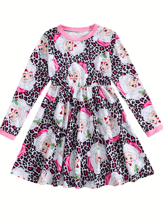 Pink Leopard Santa Dress For Girls Crew Neck Comfortable Fall Winter