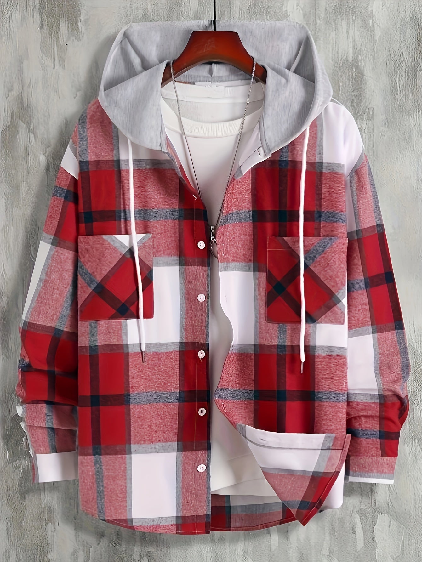 Men's Plaid Hooded Jacket Button Down Shirt