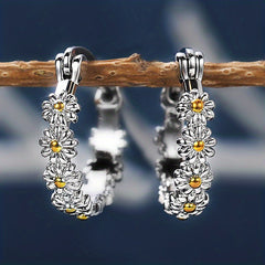 Daisy Decor Hoop Earrings, Copper Silver Plated Jewelry