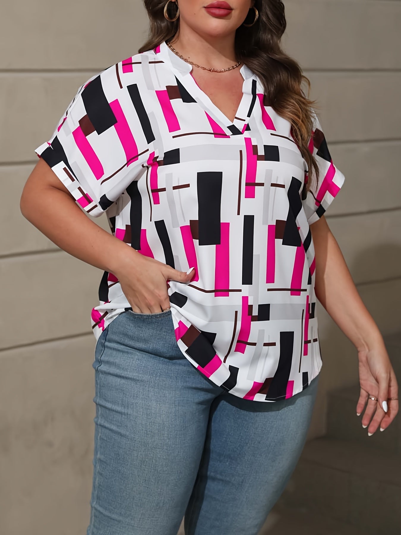  Geometric Print Short Sleeve Notched Neck Blouse