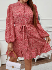  Leopard Print Lantern Sleeve Mock Neck Ruffle Trim Mini Dress