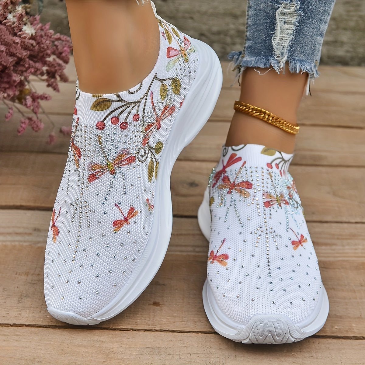 Women's Rhinestone Sock Shoes Dragonfly Slip On Trainers