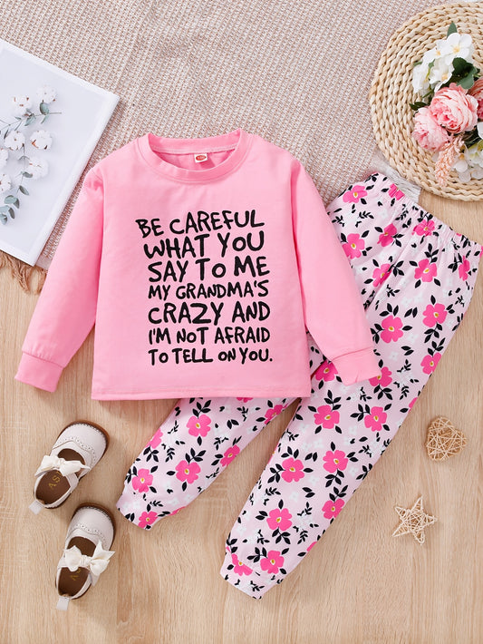 2pcs Girls Long Sleeve T Shirt BE CAREFUL WHAT Print Round Neck Tops