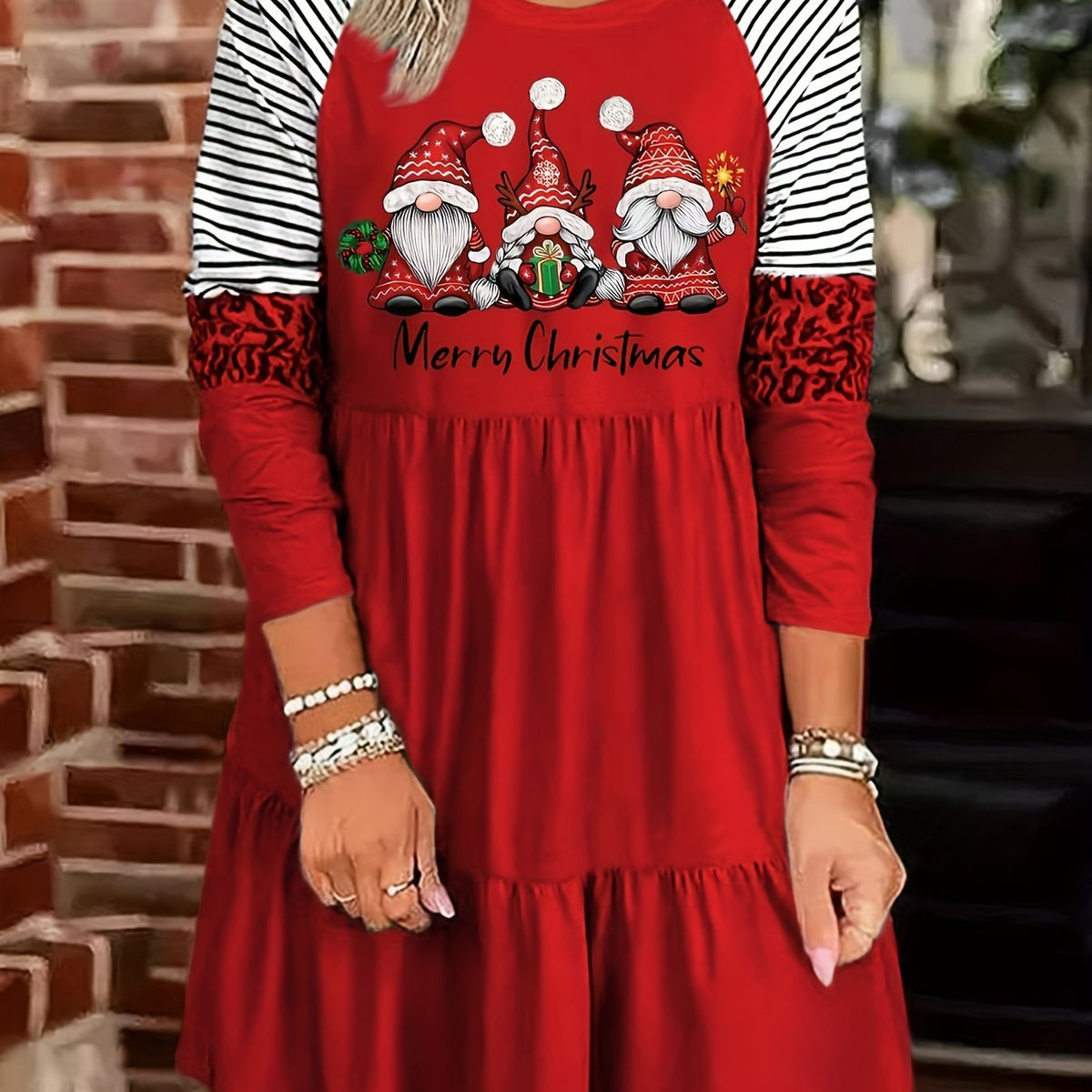  Christmas Dwarf Print Raglan Sleeve Smock Dress