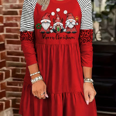  Christmas Dwarf Print Raglan Sleeve Smock Dress