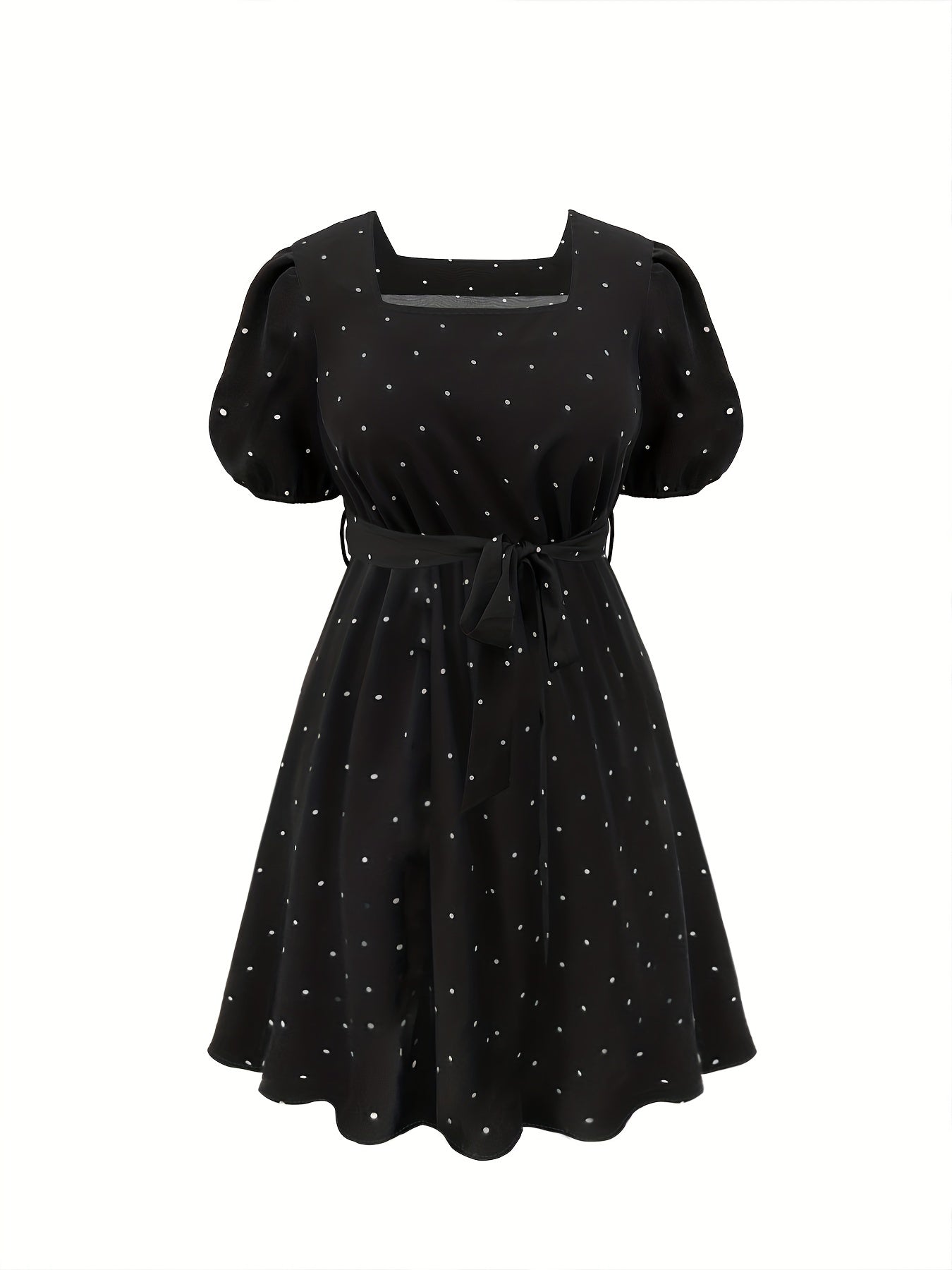  Dot Print Puff Sleeve A Line Dress With Belt
