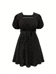  Dot Print Puff Sleeve A Line Dress With Belt