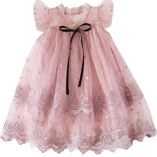 Girls Polka Dot & Flowers Embroidery Ruffled Sleeves Dress