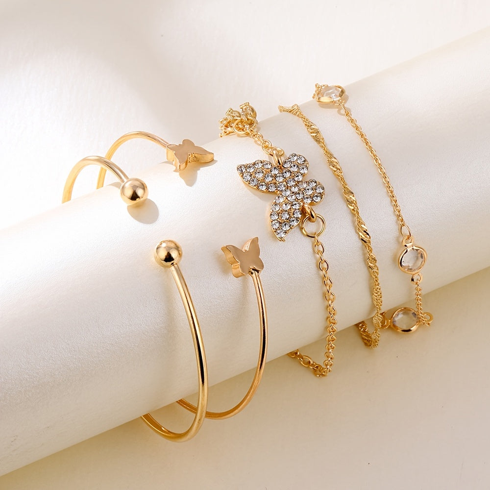 5pk Golden Butterfly Cuff Bangle Bracelet Set