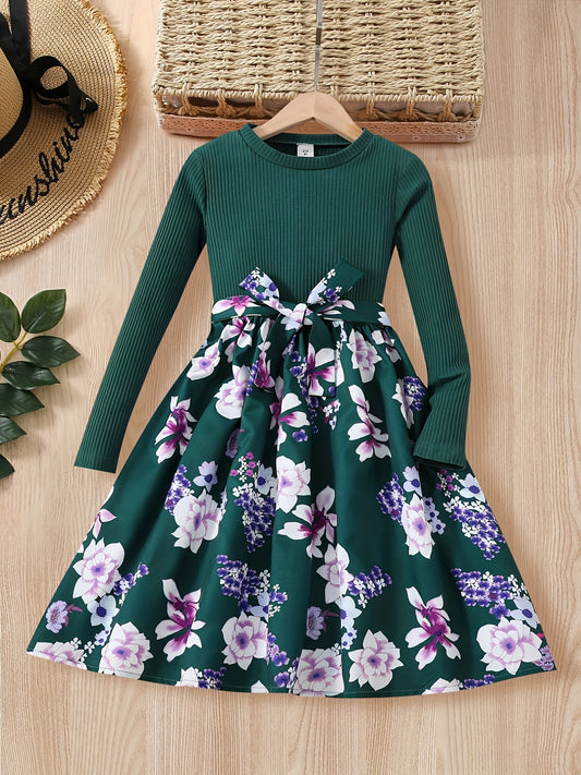 Floral Long Sleeve A Line Midi Dress with Belt