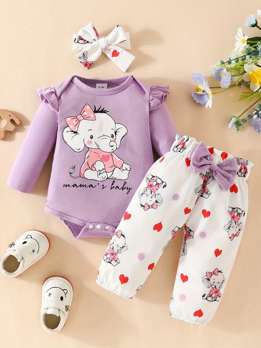 3pcs Baby Girl Elephant Long Sleeve Triangle Jumpsuit Bow Knot Trousers Set