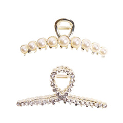 Vintage Metal Rhinestone Hair Claw Clips Large Size Pearl Hair Jaw Clips