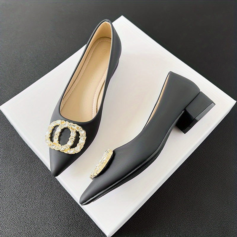 Women's Rhinestone Decor Slip-On Shallow Mouth Chunky Heel Shoes