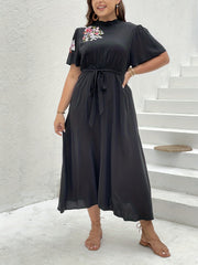  Floral Embroidered Short Sleeve Dress With Cut Out Tie Back