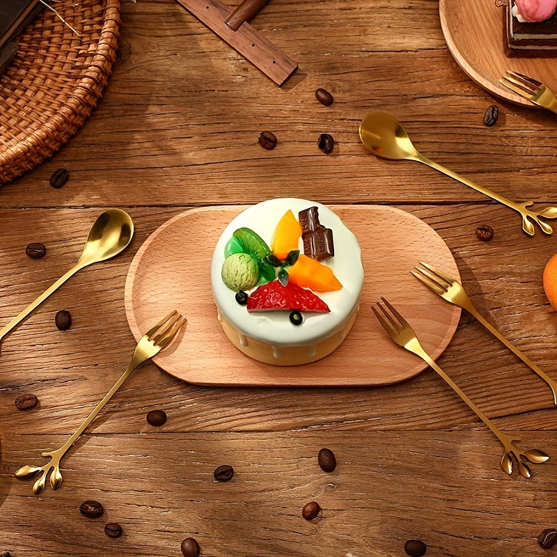 6-Piece Stainless Steel Cutlery Set - Milk Spoon, Salad Fork, Leaf Shaped