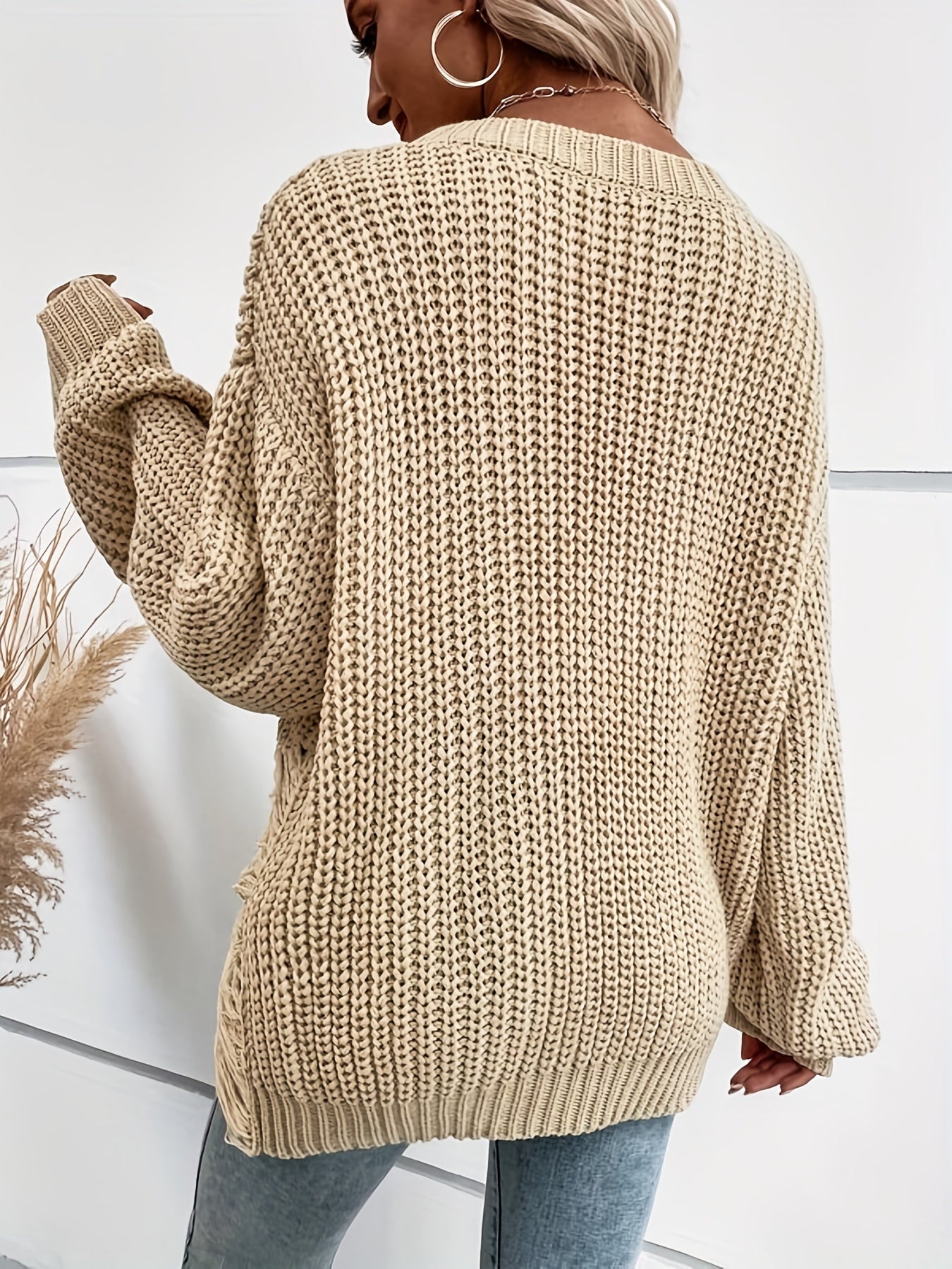  Solid Ripped Long Sleeve Round Neck Jumper