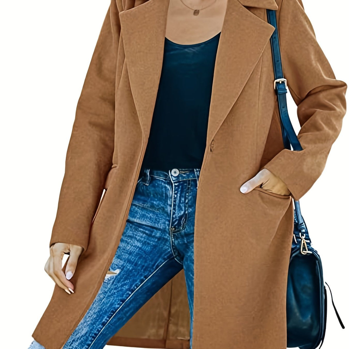 Solid Lapel Mid Length Coat Long Sleeve