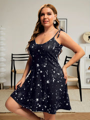  Star & Moon Print Tie Shoulder Cami Dress