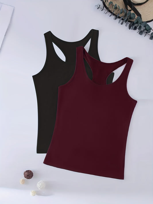 2 Pack Casual Tank Top Set Women's Plus Solid Round Neck Racer Back