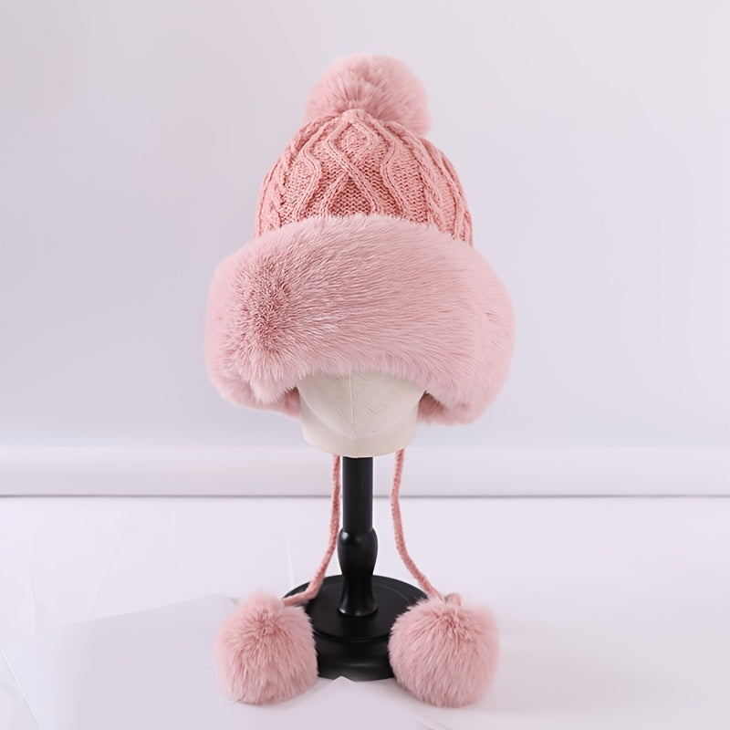 Fur Beanie Hat With Pom Pom Fuzzy Trapper Hat Ears Warm Knit Cap