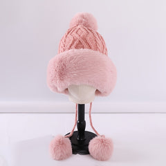 Fur Beanie Hat With Pom Pom Fuzzy Trapper Hat Ears Warm Knit Cap