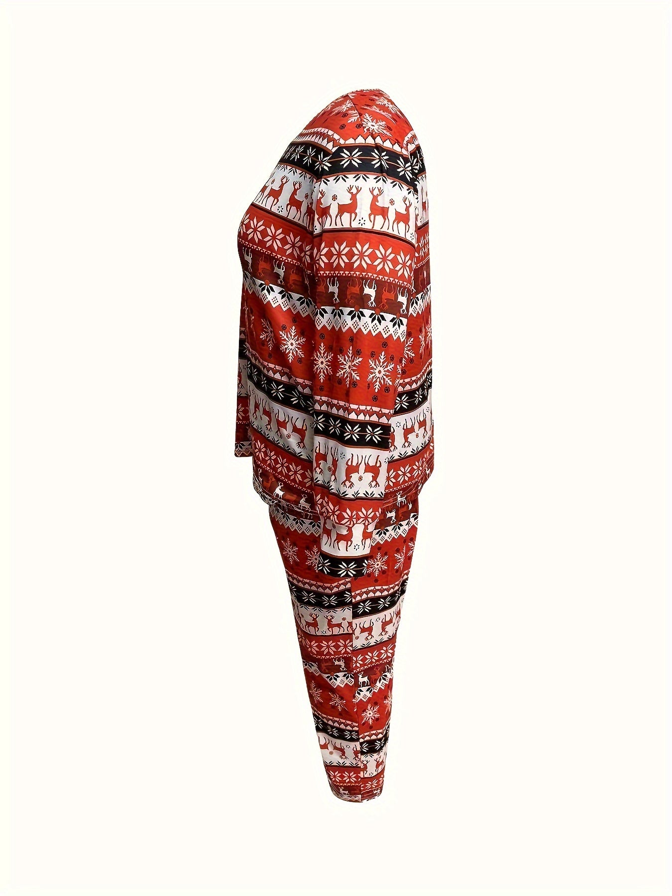  Christmas Casual Loungewear Set with Elk & Snowflake Print Tee & Pants