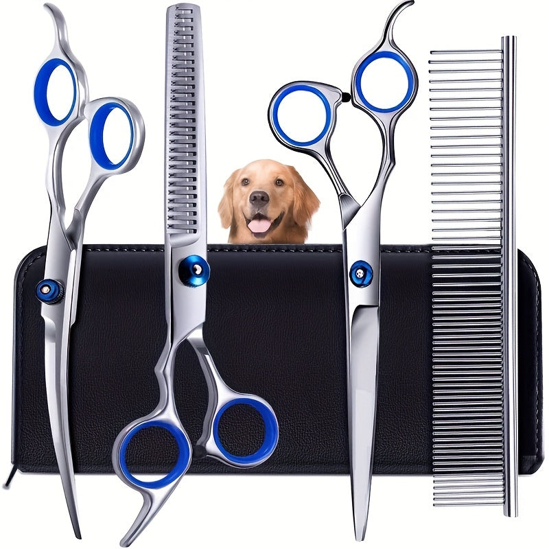 Pet Grooming Scissors Kit Round Tip Straight Thin Curved Shears & Comb Set