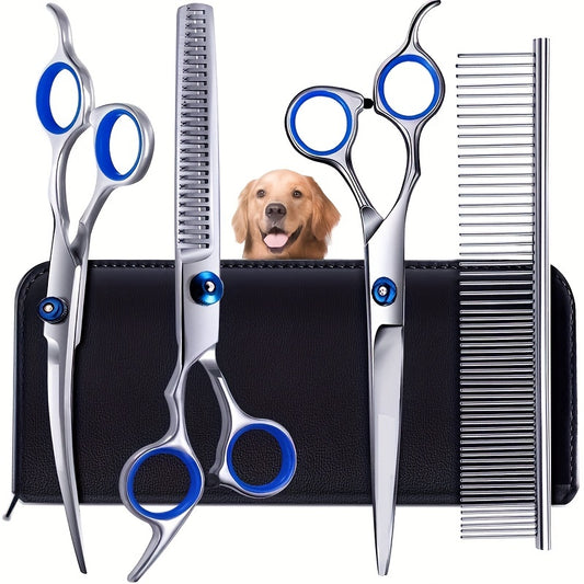 Pet Grooming Scissors Kit Round Tip Straight Thin Curved Shears & Comb Set