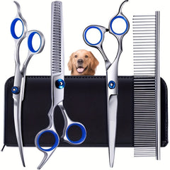 Pet Grooming Scissors Kit Round Tip Straight Thin Curved Shears & Comb Set