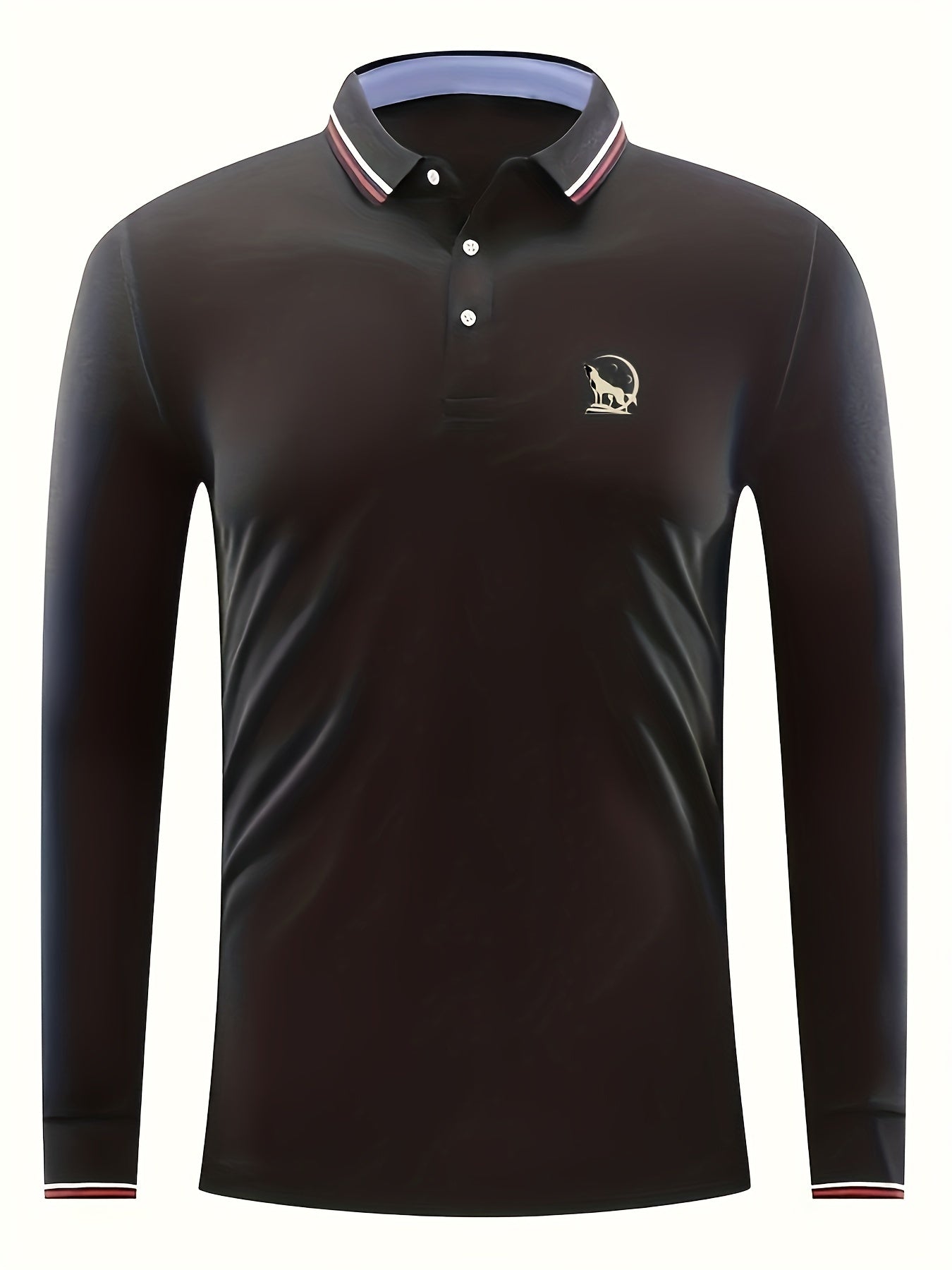 Men's Wolf & Moon Print Polo Shirt Long Sleeve
