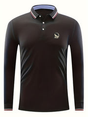 Men's Wolf & Moon Print Polo Shirt Long Sleeve