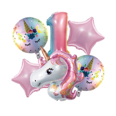 6pcs 32" Gradient Number Unicorn Balloon Set Pink Star Birthday Decor