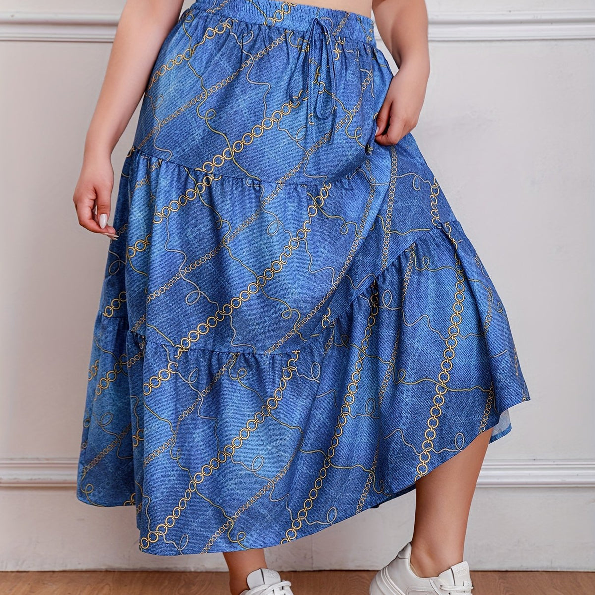  Casual Skirt Chain & Denim Print Drawstring Smock Maxi Skirt